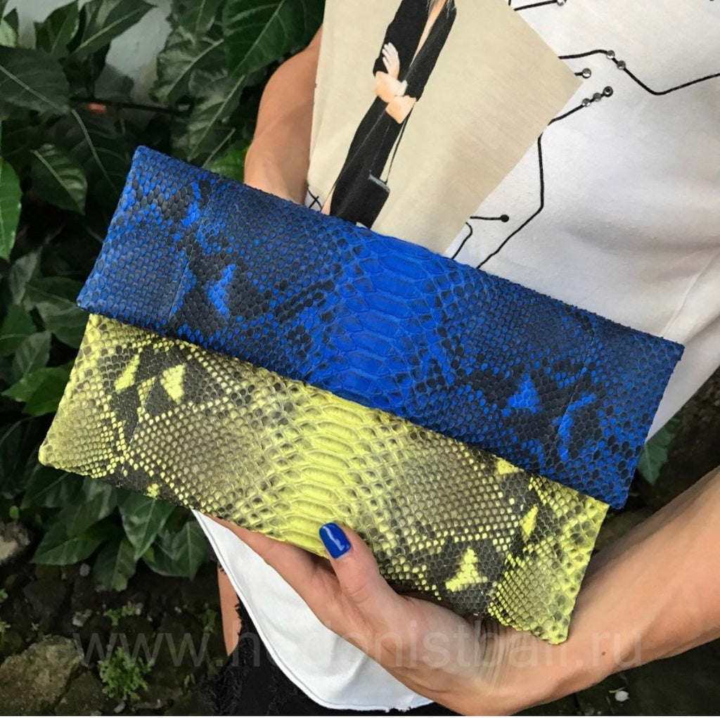 Genuine Python Skin Envelope Clutch — Blue & Yellow Colorblock