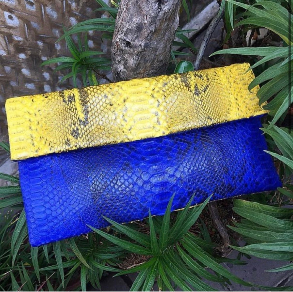 Genuine Python Skin Envelope Clutch — Blue & Yellow Colorblock
