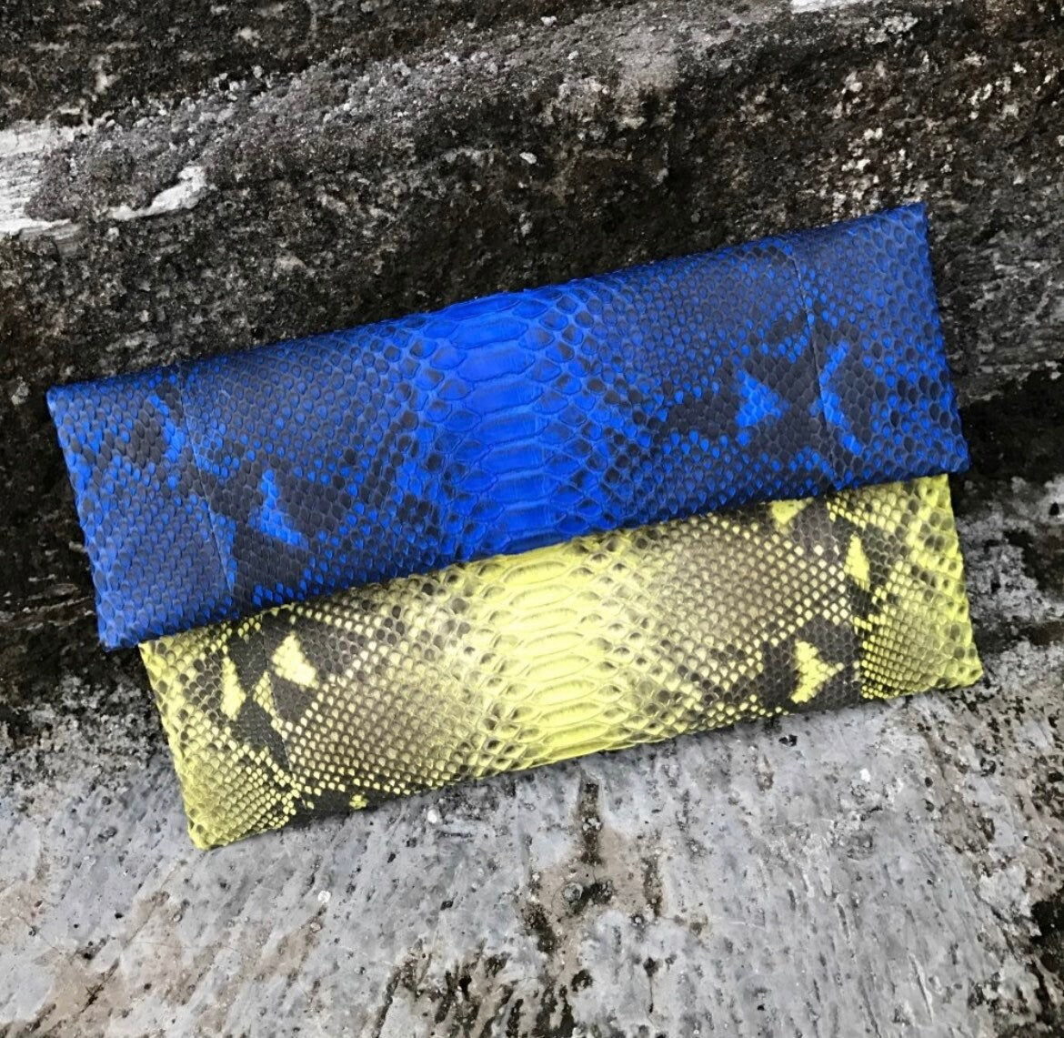 Genuine Python Skin Envelope Clutch — Blue & Yellow Colorblock