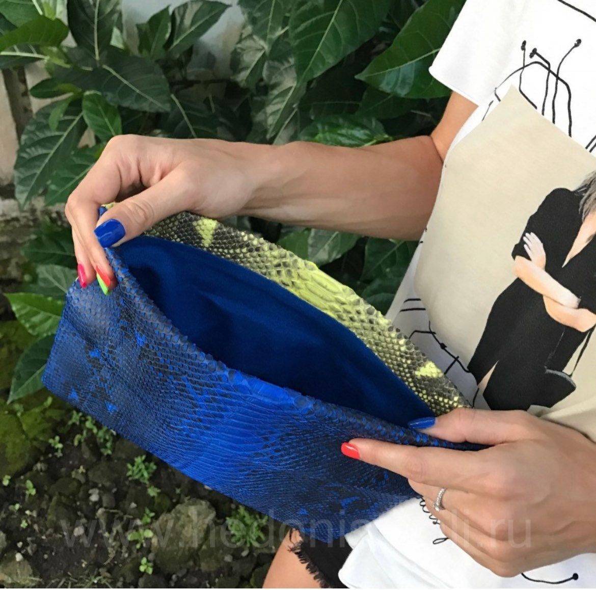 Genuine Python Skin Envelope Clutch — Blue & Yellow Colorblock