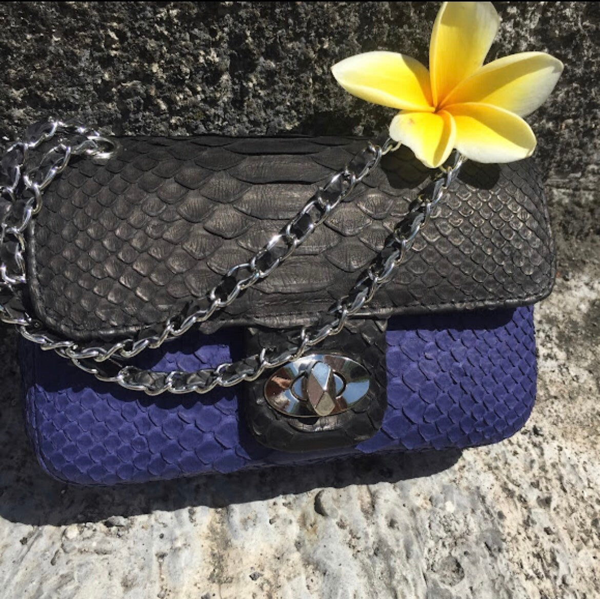 Genuine Python Skin Crossbody Bag — Black & Blue Colorblock