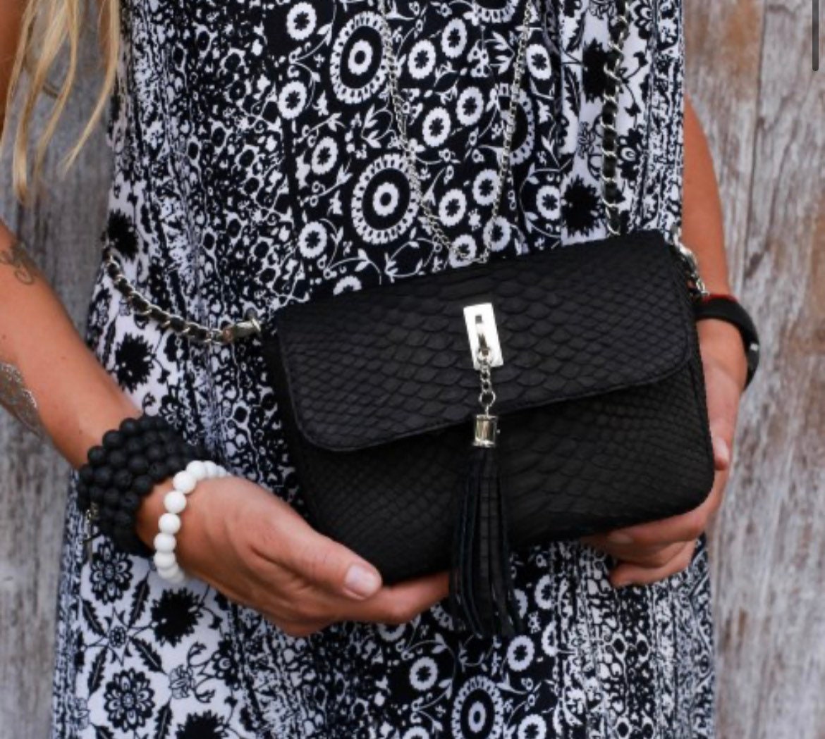 Genuine Python Skin Chain Tassel Crossbody Bag — Black