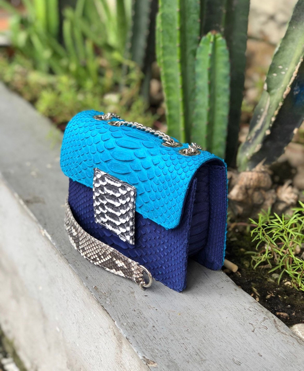Small Blue Genuine Python Skin Crossbody Bag