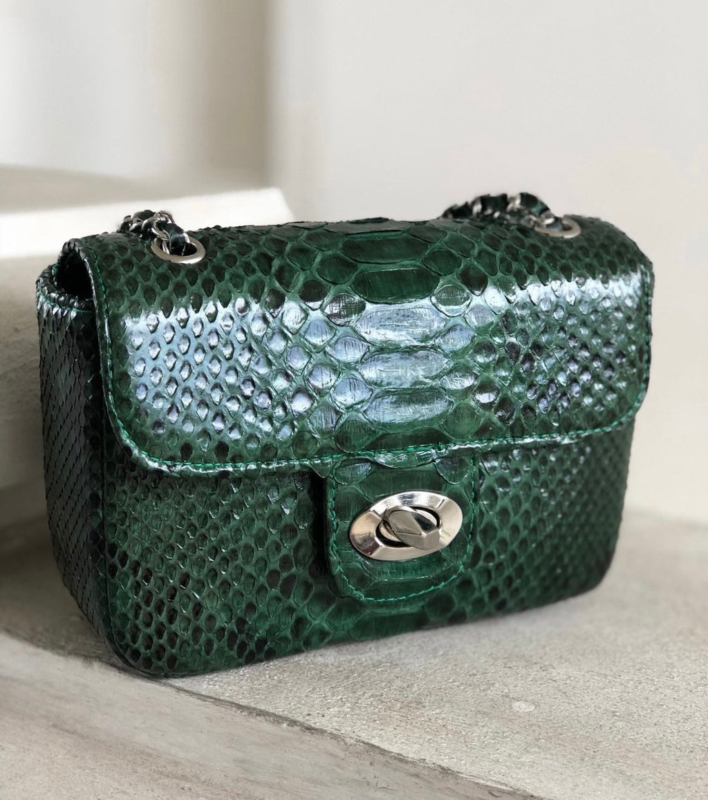 Genuine Python Skin Crossbody Bag — Dark Green