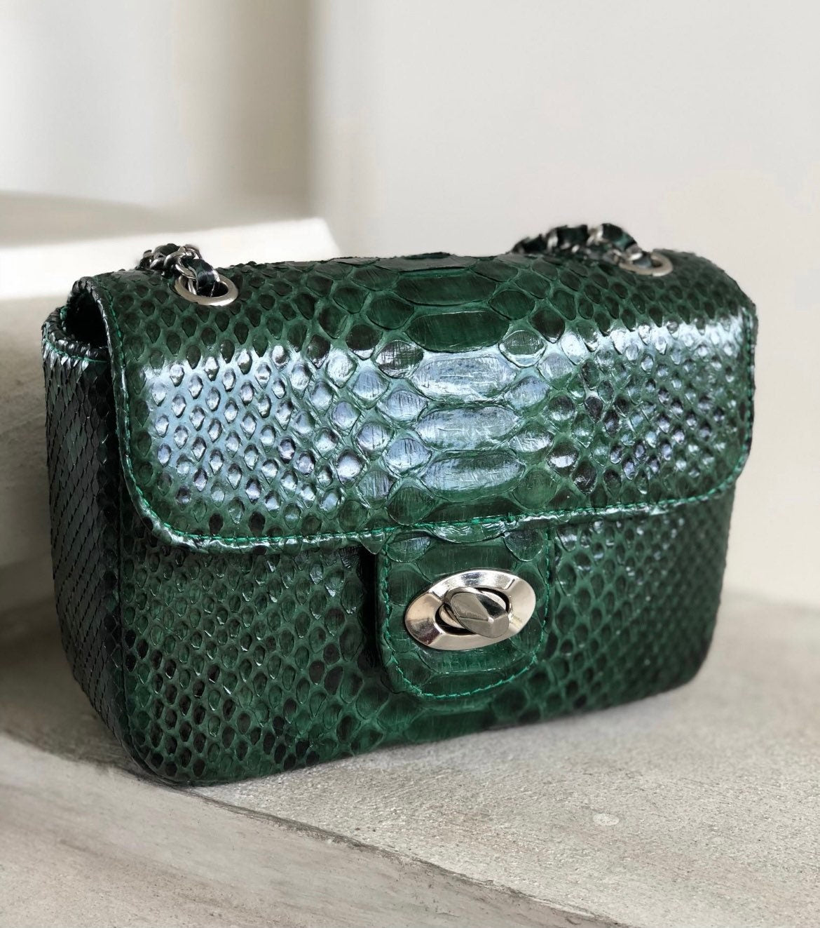 Genuine Python Skin Crossbody Bag — Dark Green