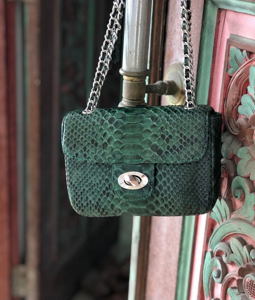 Genuine Python Skin Crossbody Bag — Dark Green