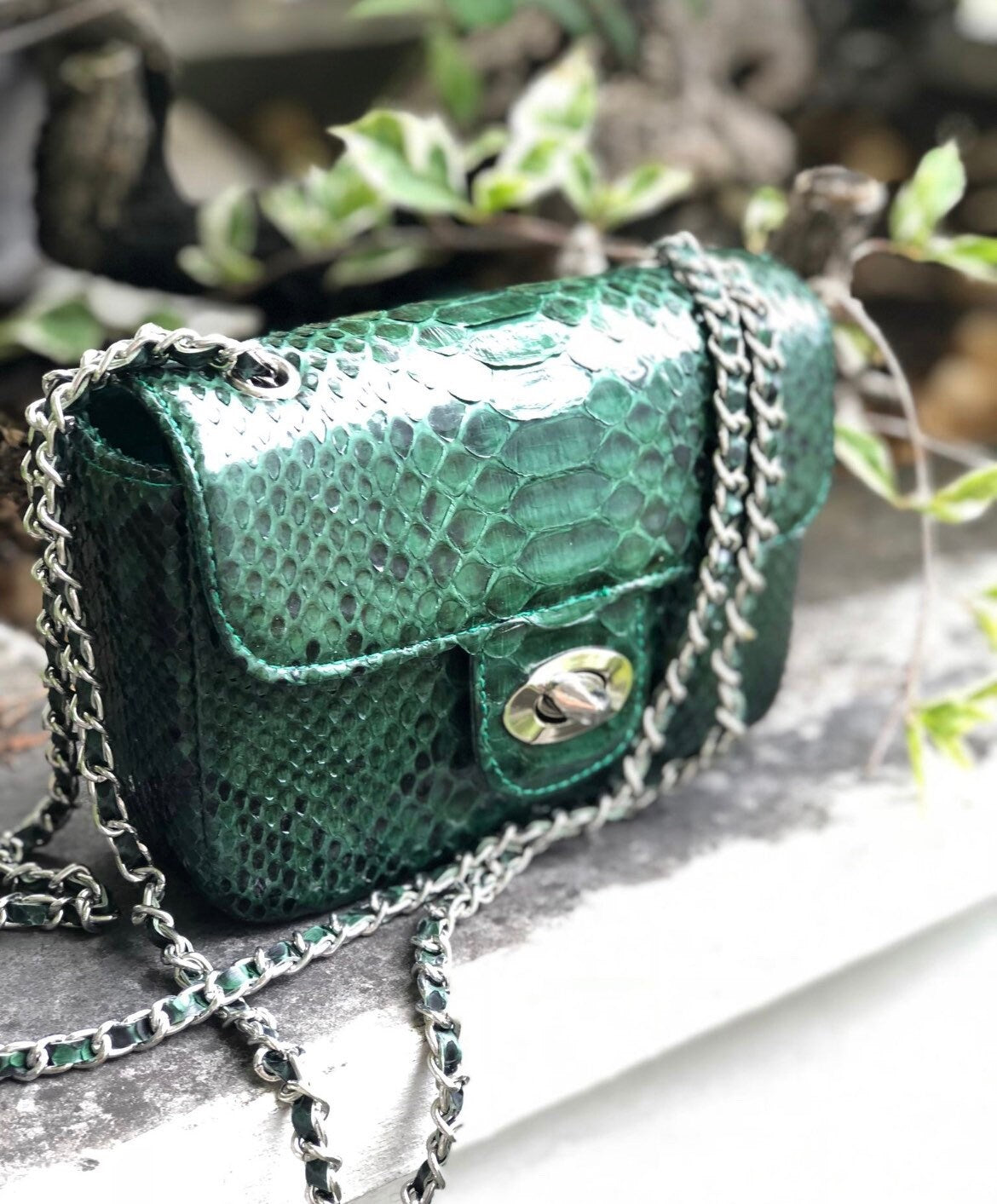 Genuine Python Skin Crossbody Bag — Dark Green