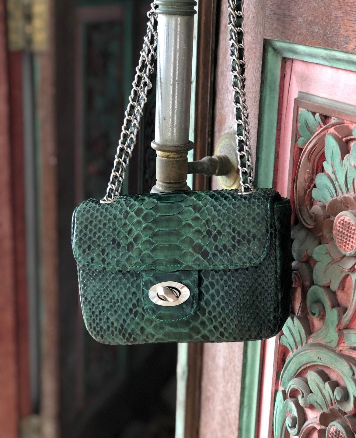 Genuine Python Skin Crossbody Bag — Dark Green