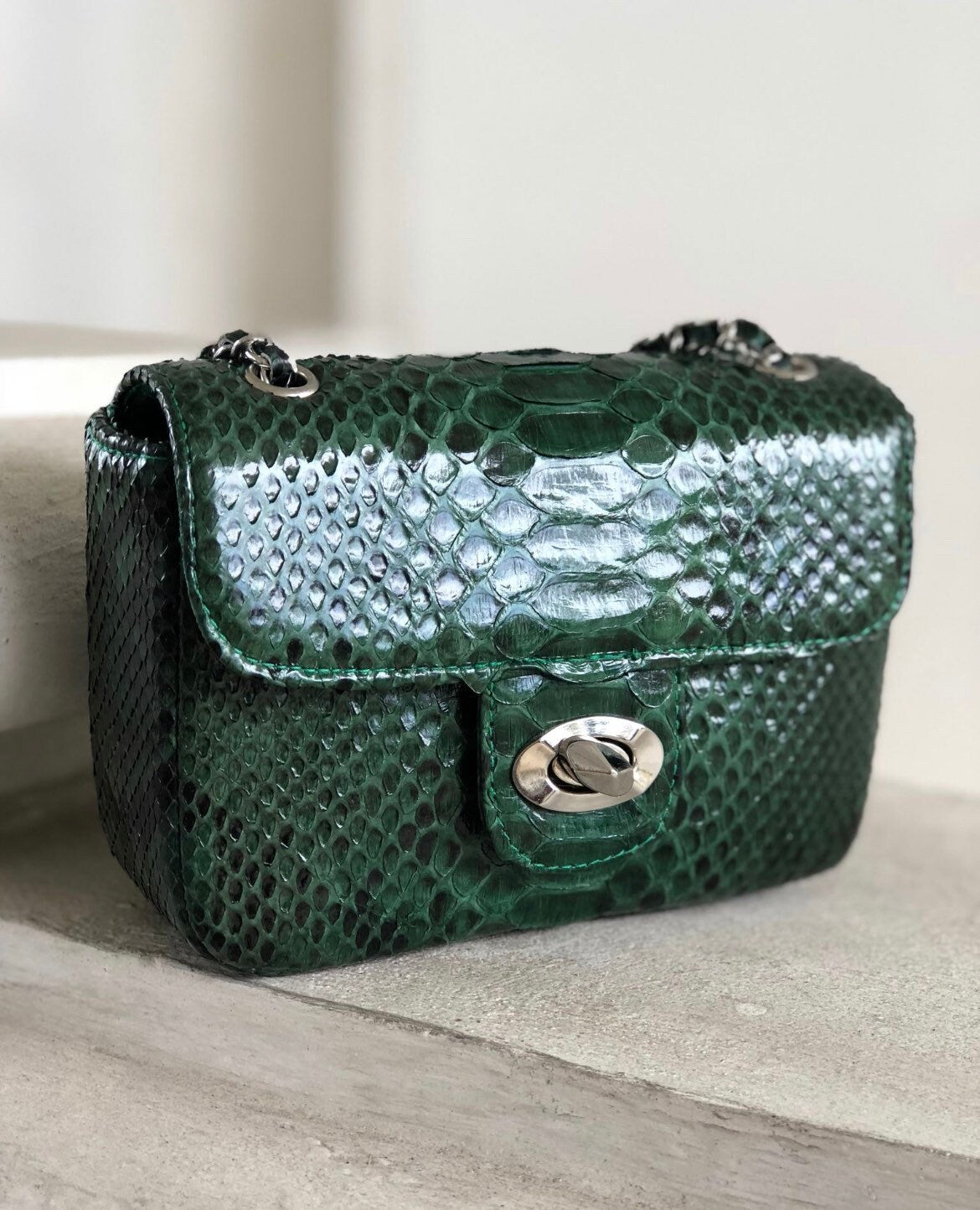 Genuine Python Skin Crossbody Bag — Dark Green