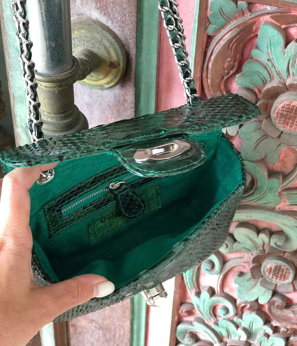 Genuine Python Skin Crossbody Bag — Dark Green
