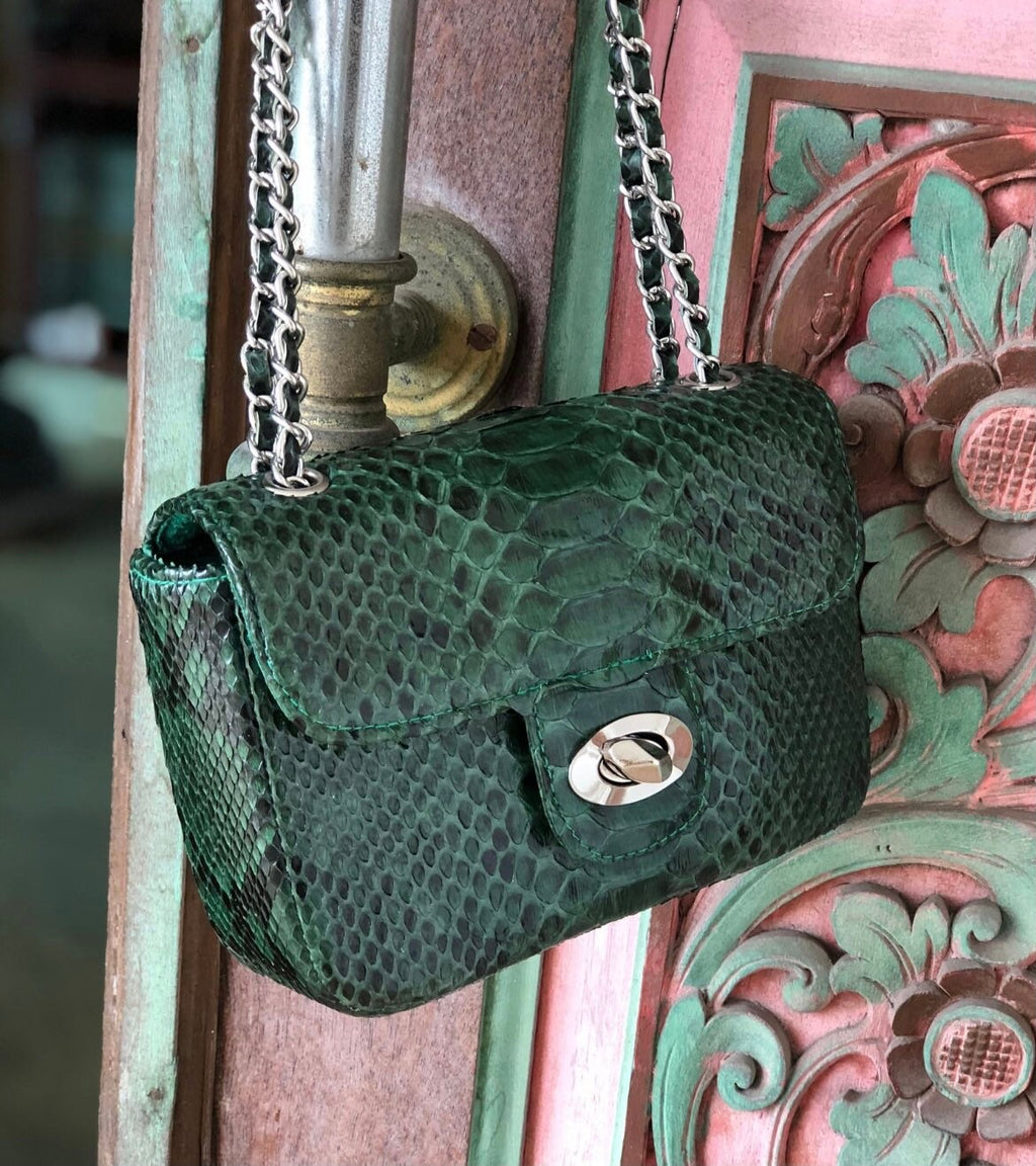 Genuine Python Skin Crossbody Bag — Dark Green