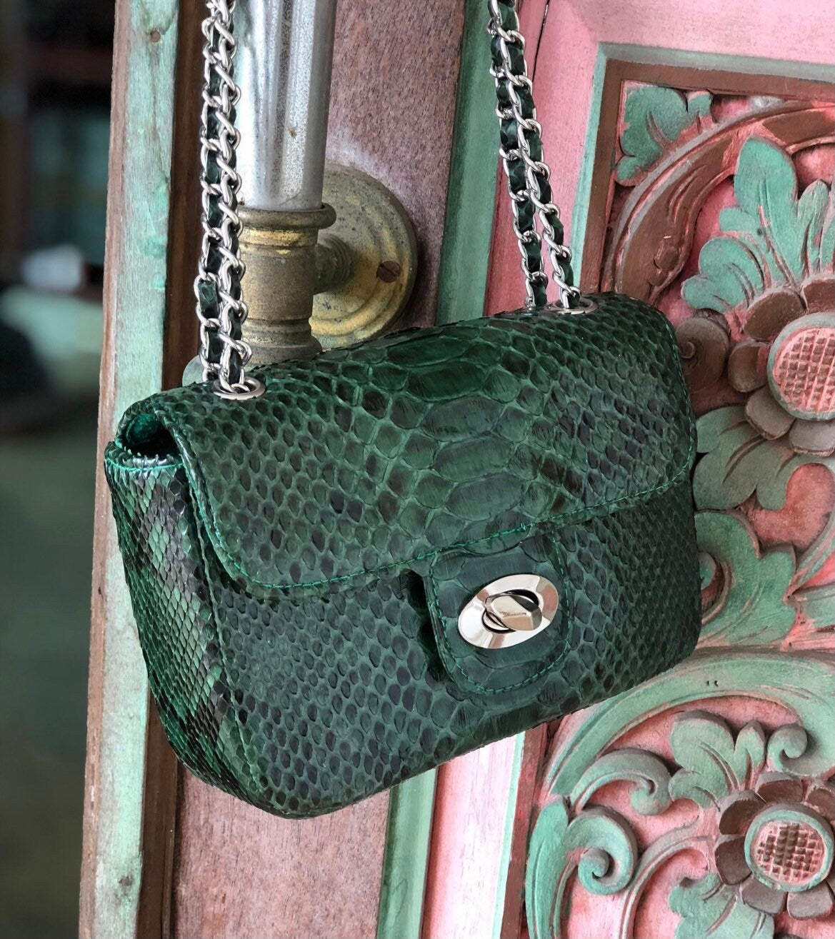 Genuine Python Skin Crossbody Bag — Dark Green