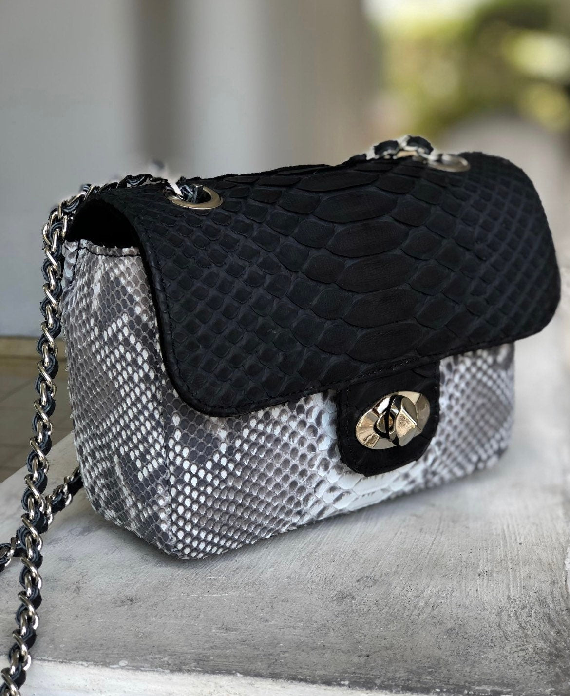 Genuine Python Skin Crossbody Bag — Black & Gray Colorblock