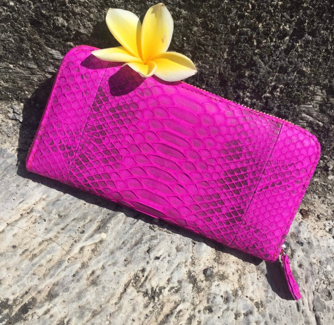 Wallet genuine python skin fuchsia bright color, women wallet, leather lady wallet, classic zip wallet, design wallet handmade, money wallet — Red