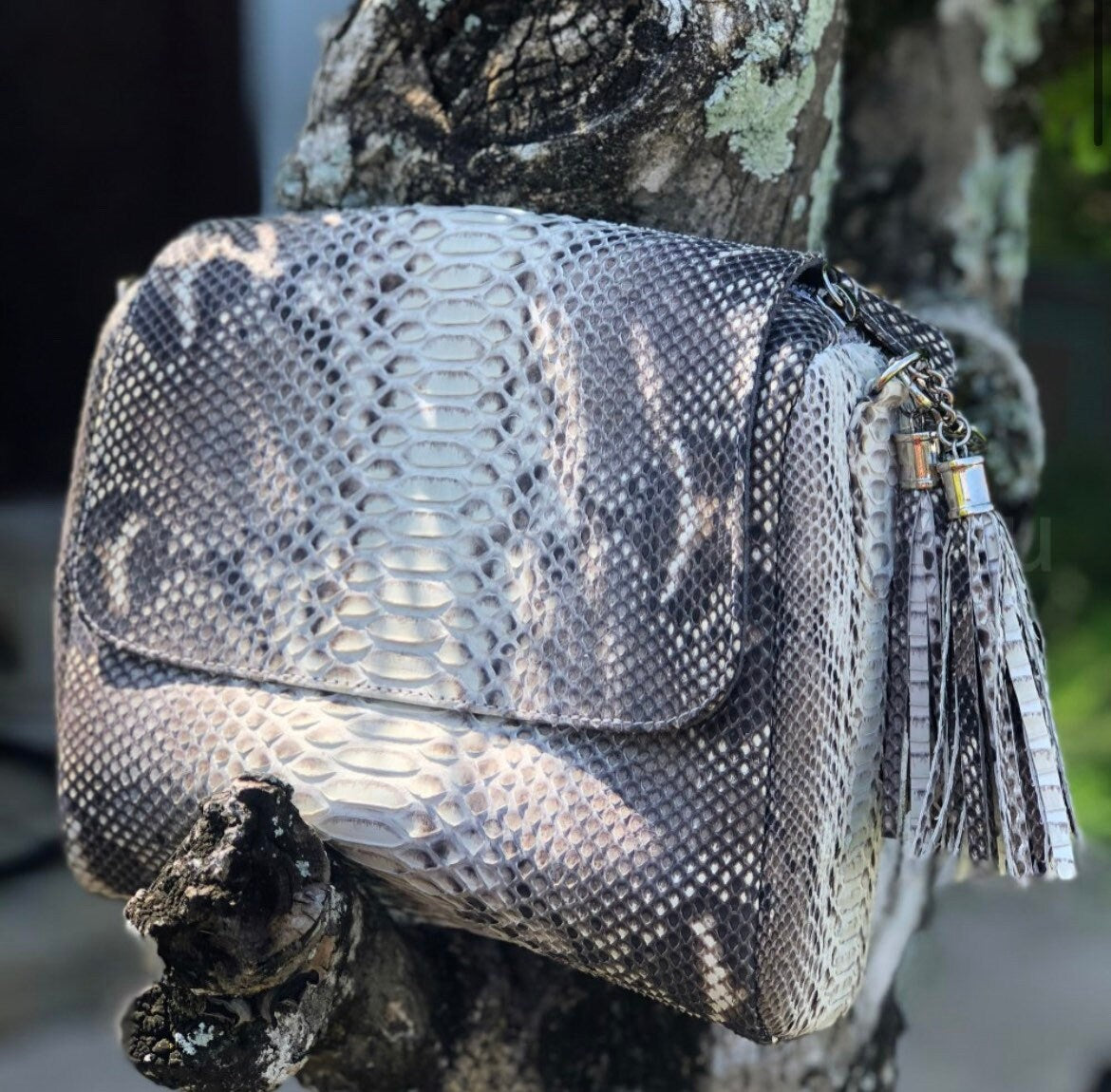 Genuine Python Skin Chain Tassel Crossbody Bag — Gray