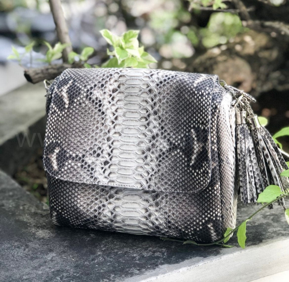 Genuine Python Skin Chain Tassel Crossbody Bag — Gray