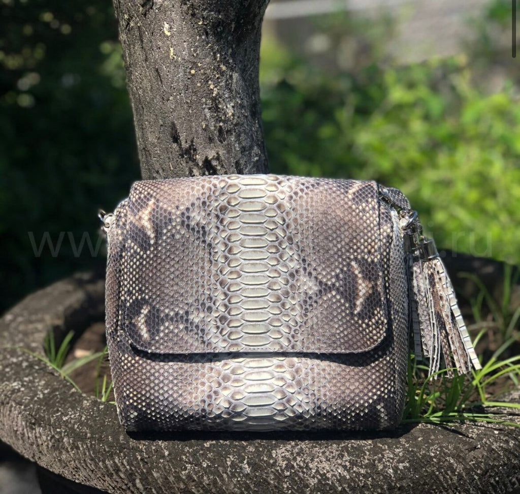 Genuine Python Skin Chain Tassel Crossbody Bag — Gray