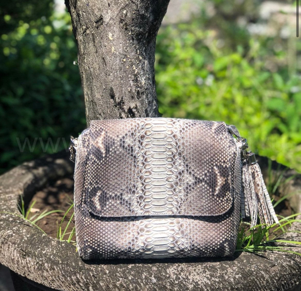 Genuine Python Skin Chain Tassel Crossbody Bag — Gray