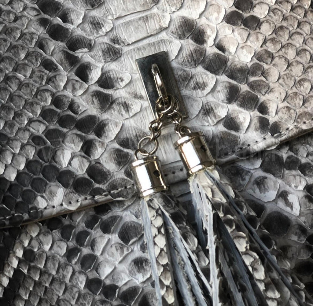 Genuine Python Skin Chain Tassel Crossbody Bag — Gray