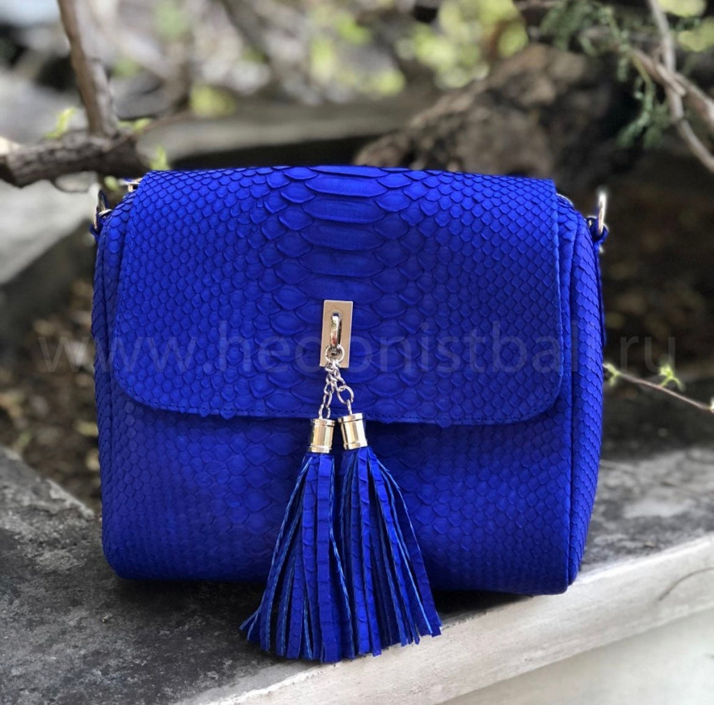 Genuine Python Skin Chain Crossbody Bag — Electric Blue