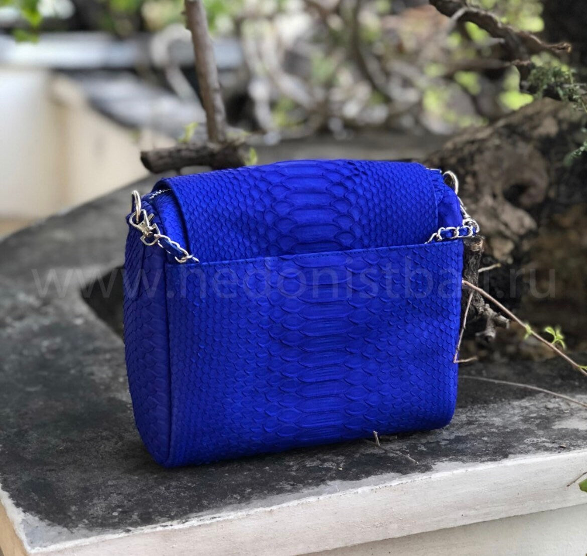 Genuine Python Skin Chain Crossbody Bag — Electric Blue