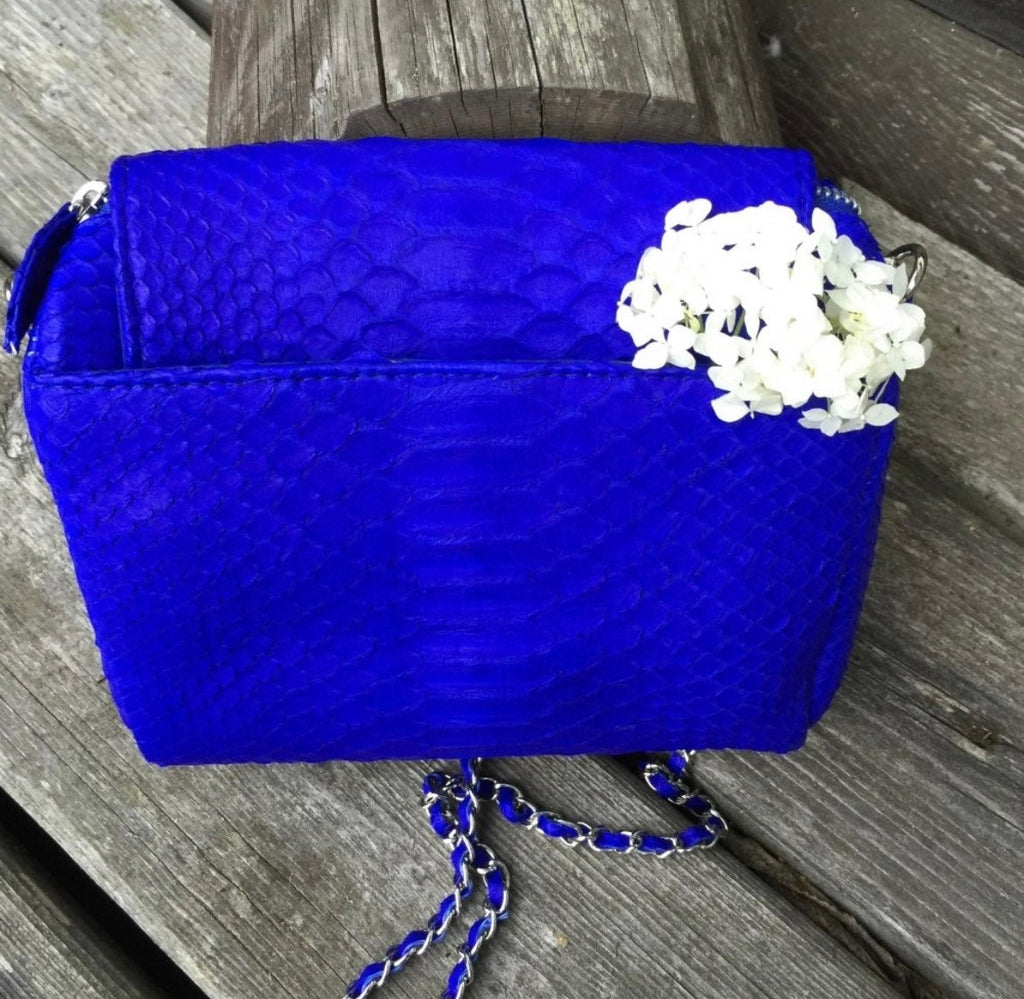 Genuine Python Skin Chain Crossbody Bag — Electric Blue