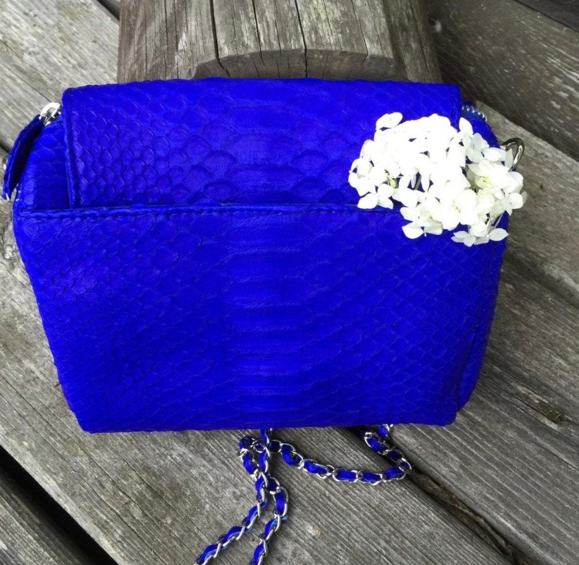Genuine Python Skin Chain Crossbody Bag — Electric Blue