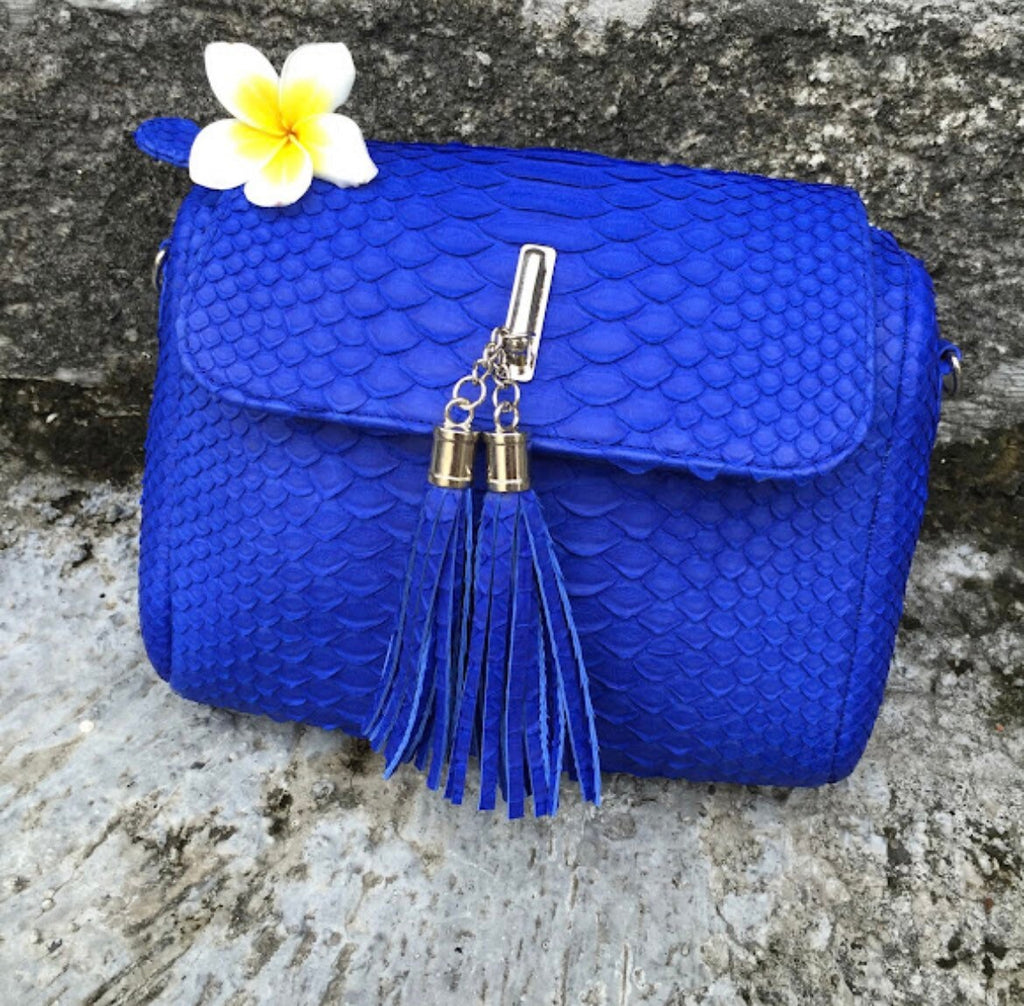 Genuine Python Skin Chain Crossbody Bag — Electric Blue