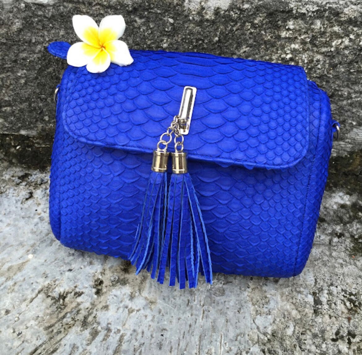 Genuine Python Skin Chain Crossbody Bag — Electric Blue