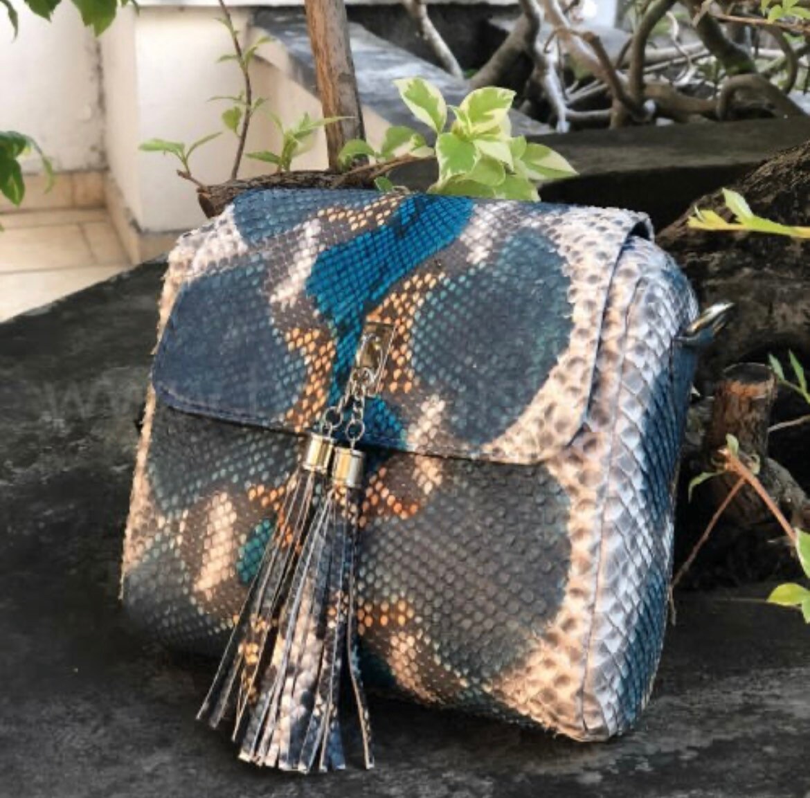 Genuine Python Skin Tassel Crossbody Bag — Turquoise Multicolor