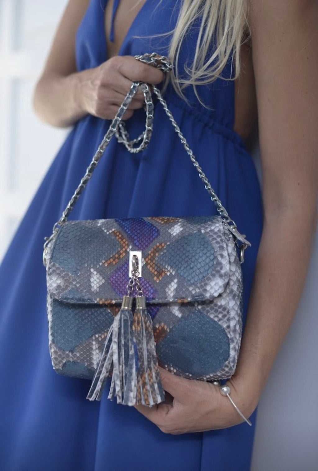 Genuine Python Skin Tassel Crossbody Bag — Turquoise Multicolor