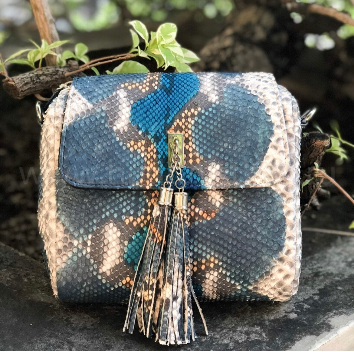Genuine Python Skin Tassel Crossbody Bag — Turquoise Multicolor