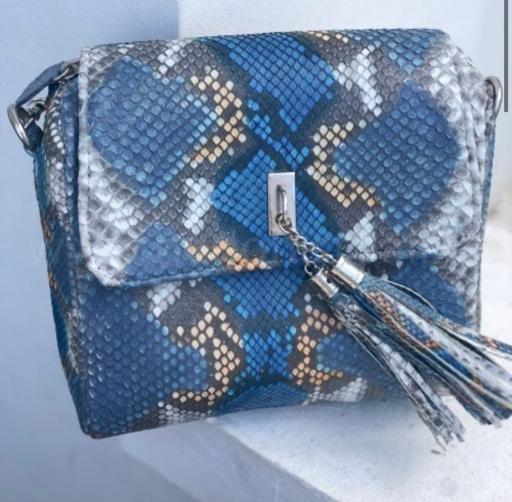 Genuine Python Skin Tassel Crossbody Bag — Turquoise Multicolor
