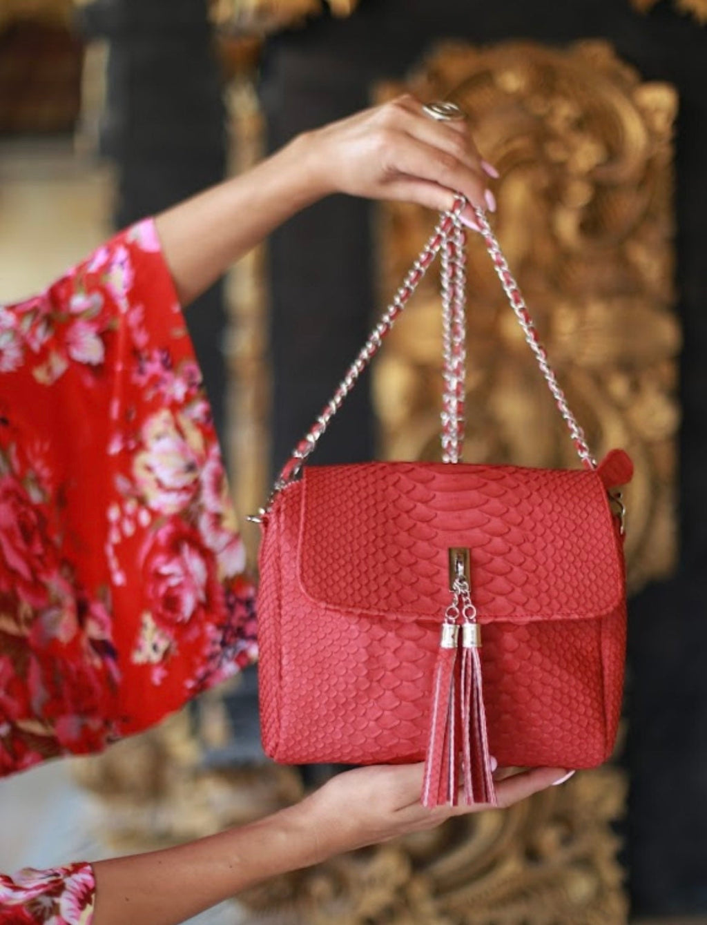 Genuine Python Skin Chain Tassel Crossbody Bag — Red