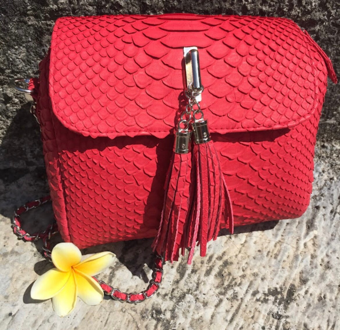 Genuine Python Skin Chain Tassel Crossbody Bag — Red