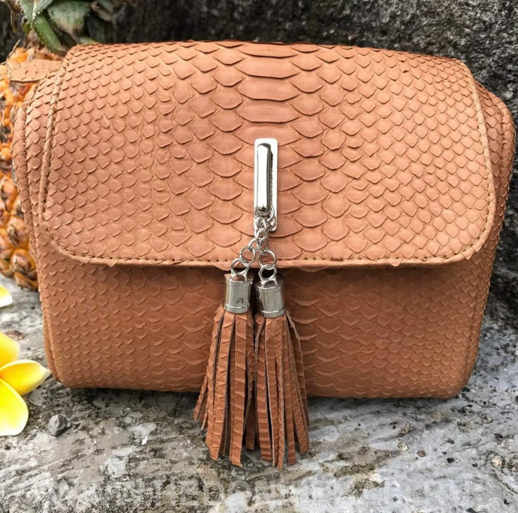 Genuine Python Skin Crossbody Bag — Beige