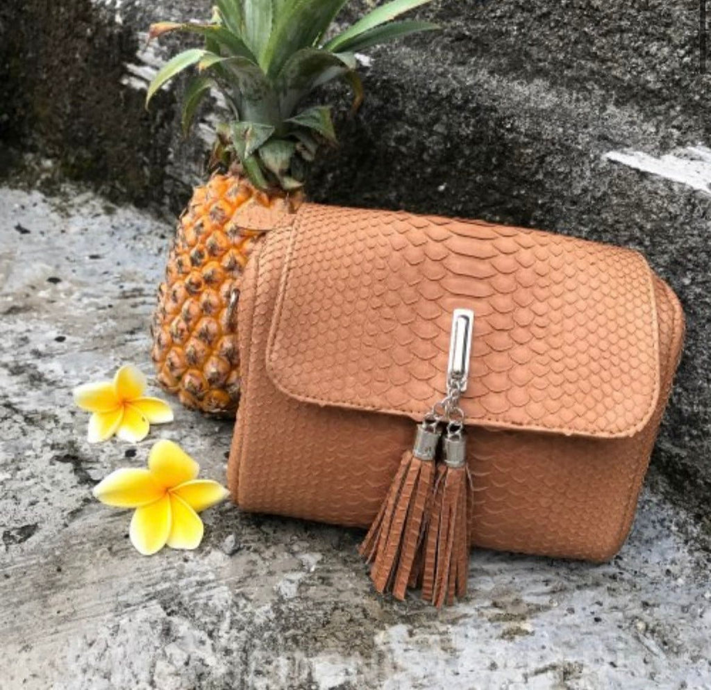 Genuine Python Skin Crossbody Bag — Beige