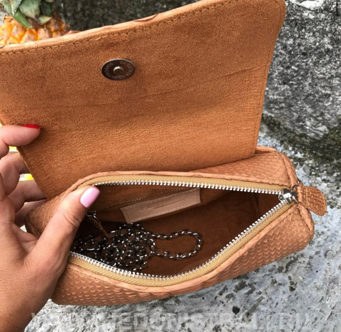 Genuine Python Skin Crossbody Bag — Beige