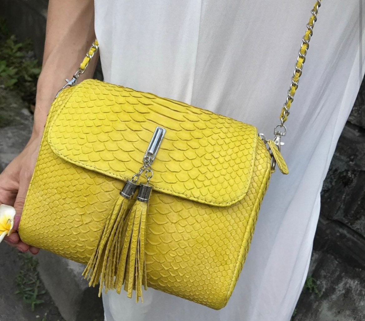 Genuine Python Skin Crossbody Bag — Yellow