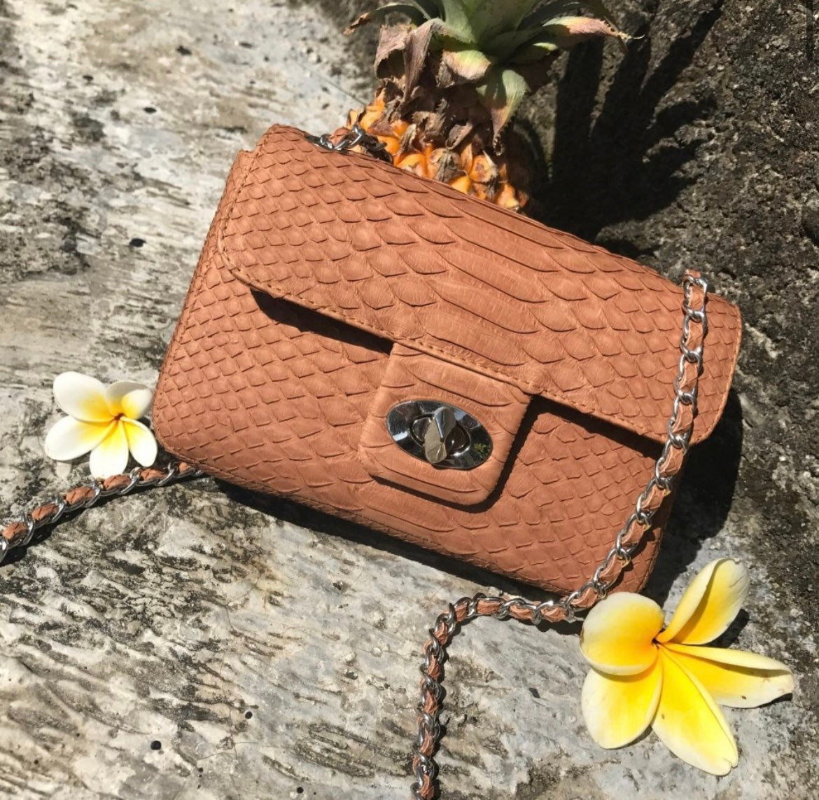 Genuine Python Skin Crossbody Bag — Beige Nude