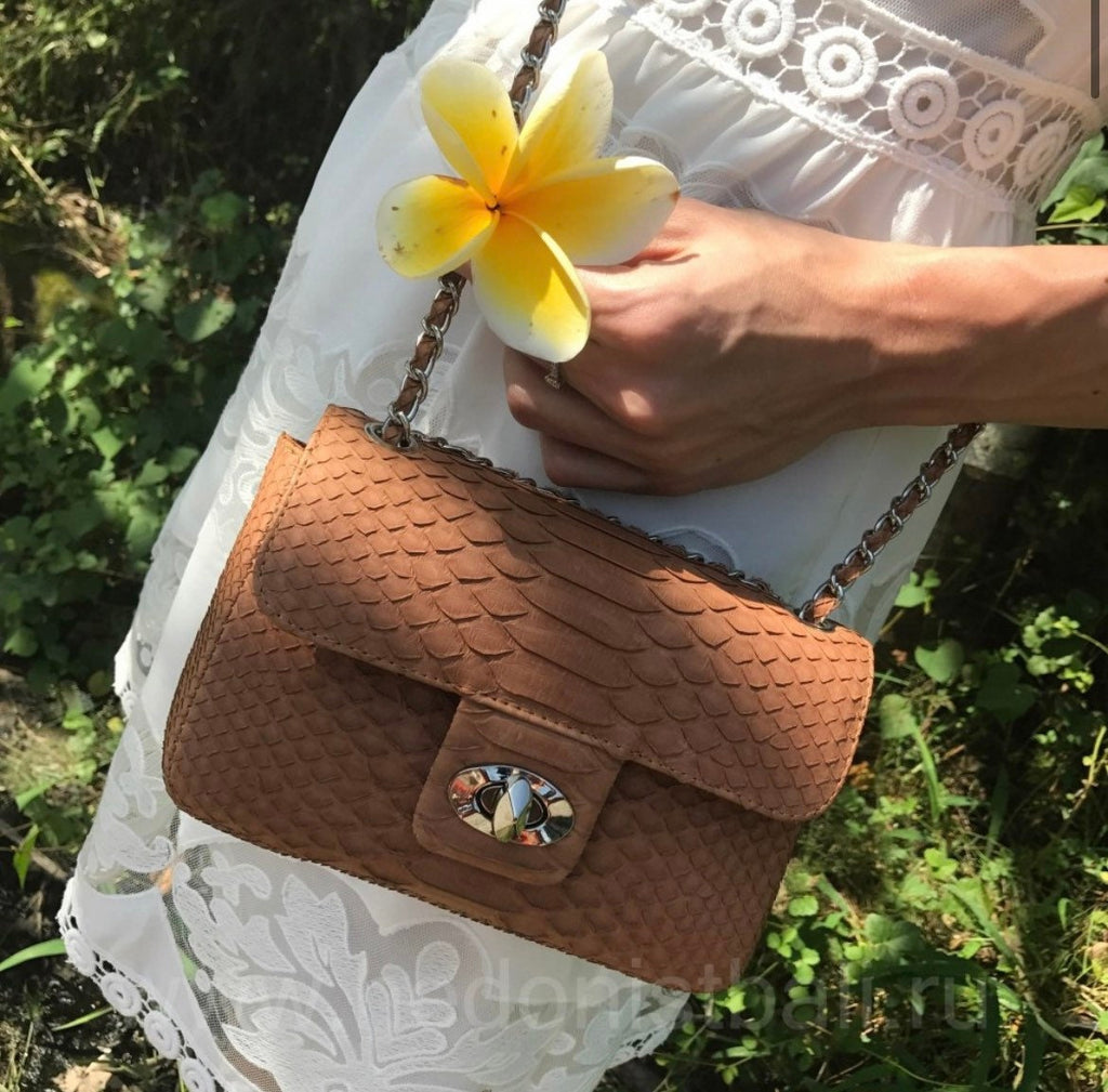Genuine Python Skin Crossbody Bag — Beige Nude
