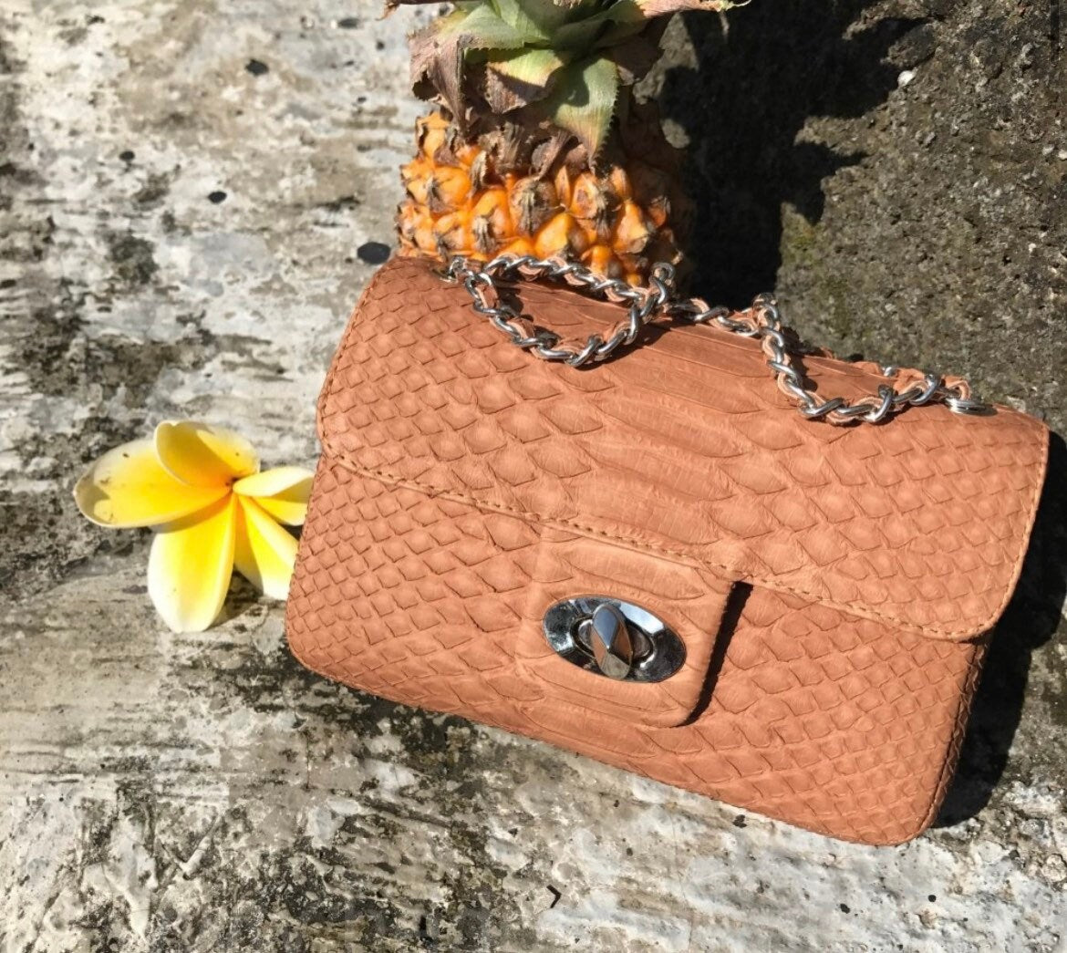 Genuine Python Skin Crossbody Bag — Beige Nude