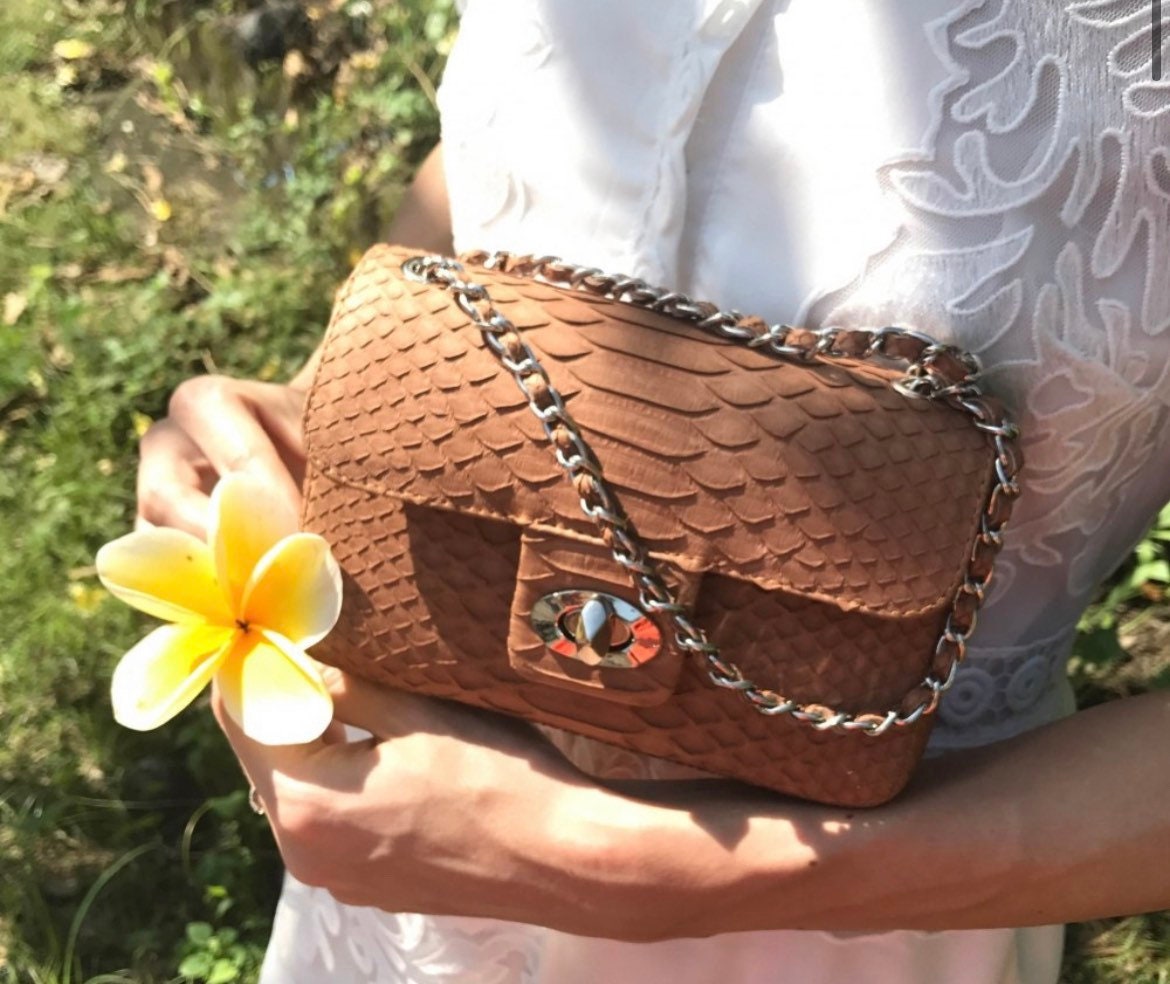 Genuine Python Skin Crossbody Bag — Beige Nude