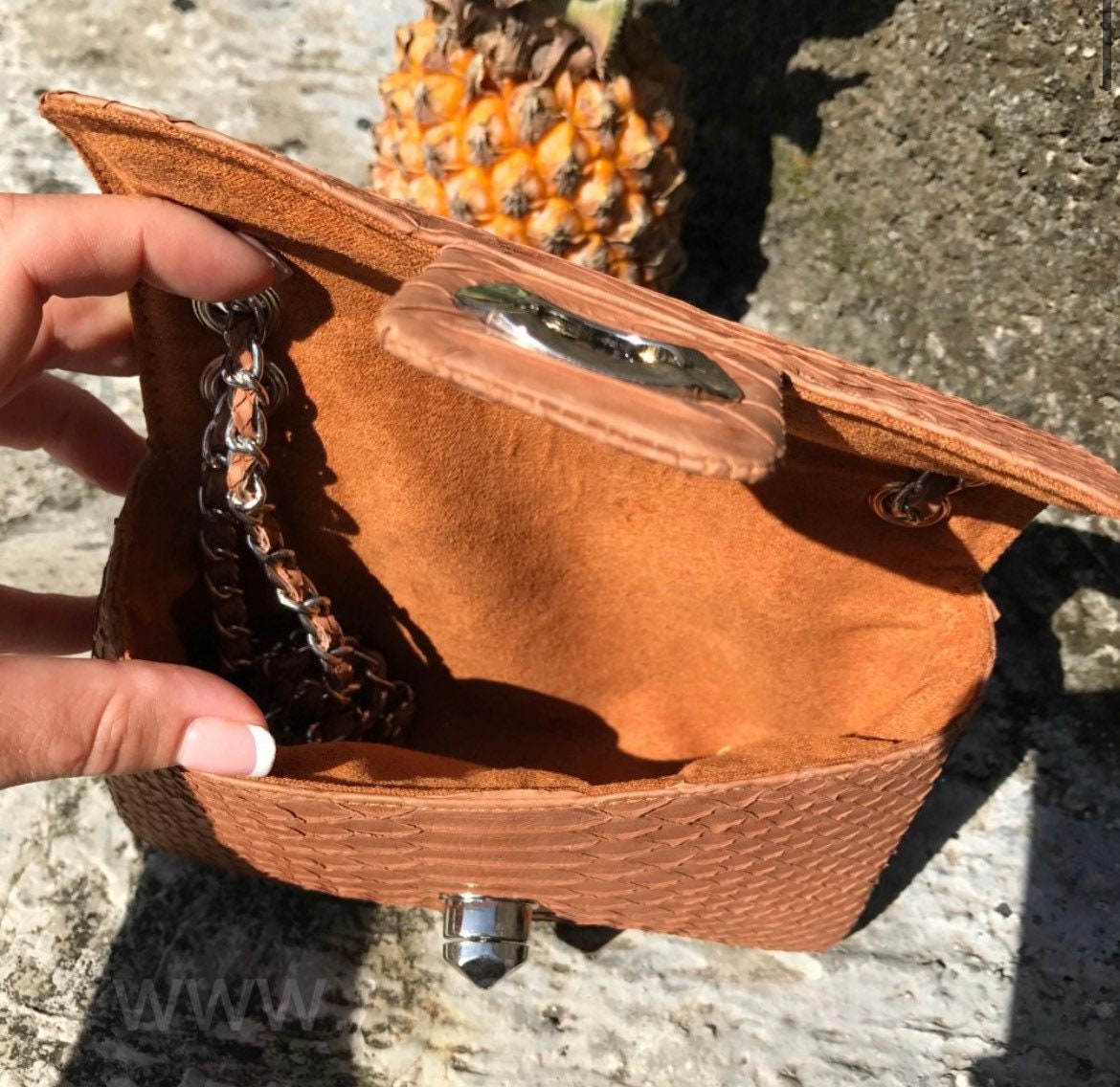 Genuine Python Skin Crossbody Bag — Beige Nude