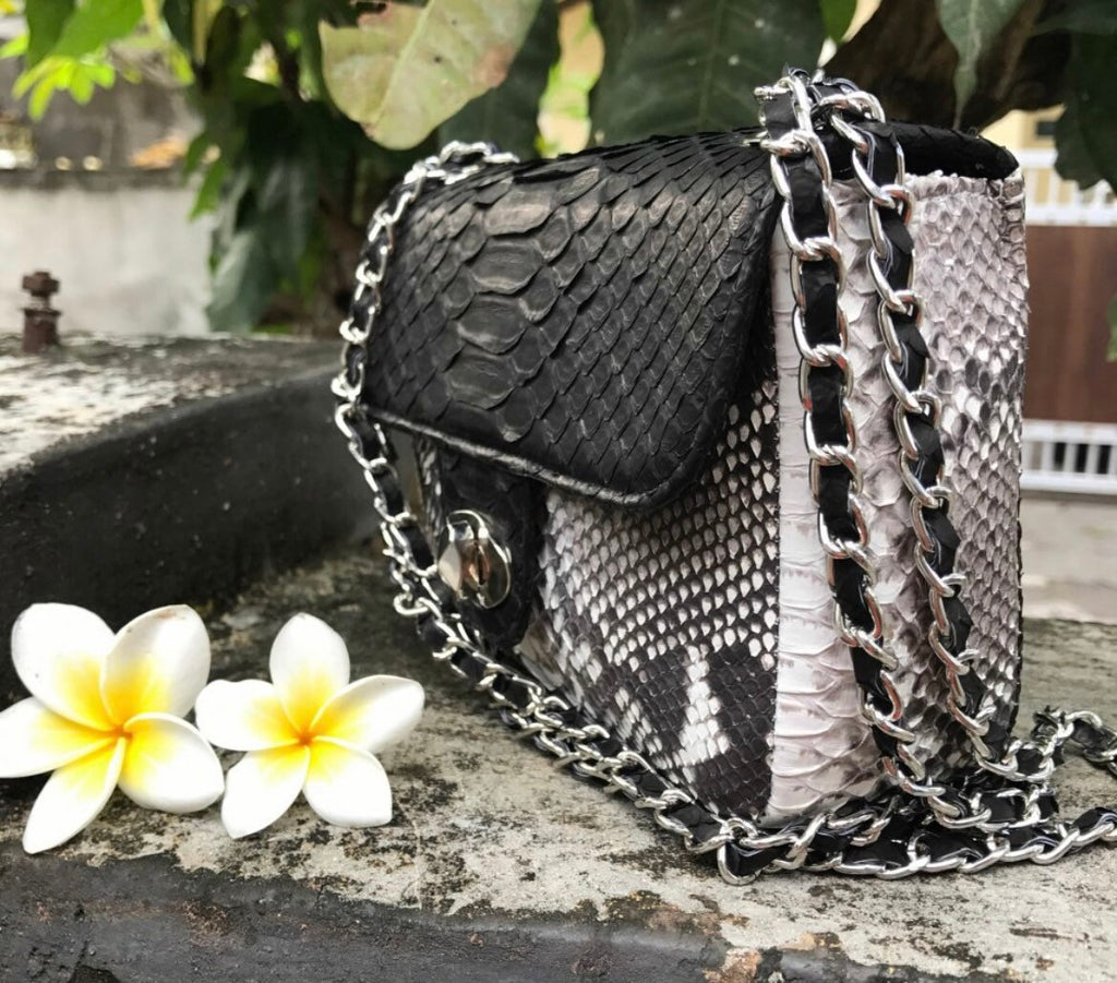 Genuine Python Skin Crossbody Bag — Black & Gray Colorblock