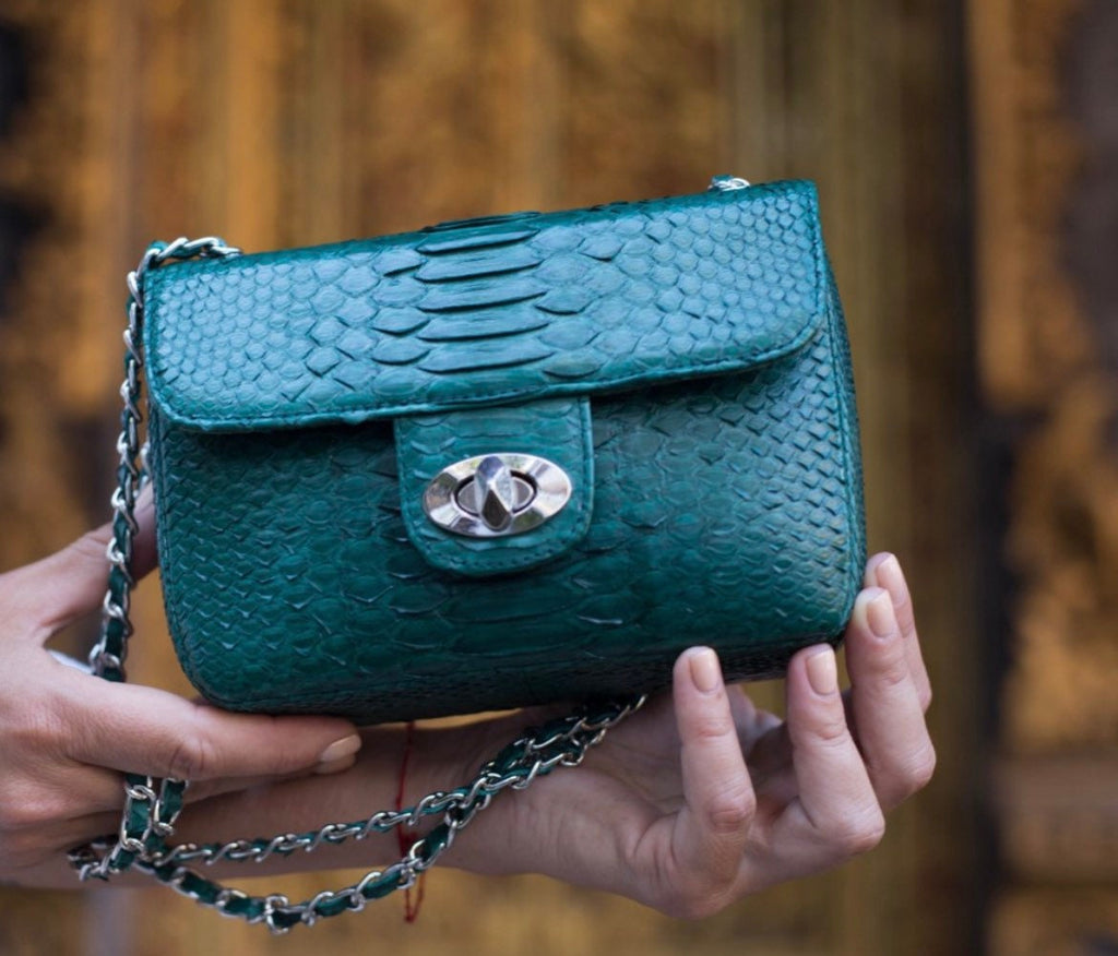 Genuine Python Skin Crossbody Bag — Dark Green