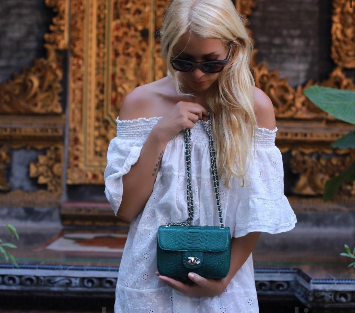 Genuine Python Skin Crossbody Bag — Dark Green