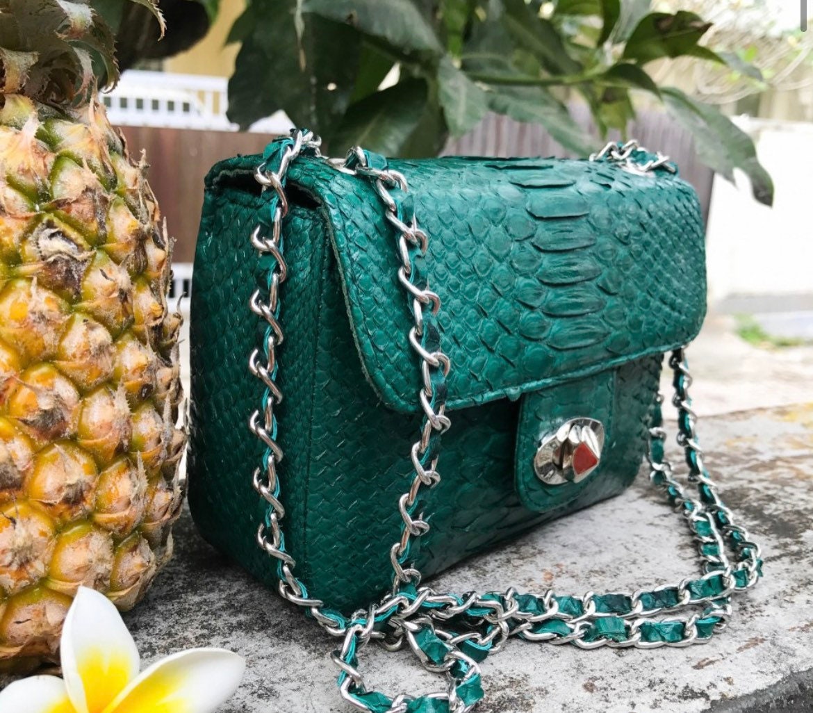 Genuine Python Skin Crossbody Bag — Dark Green