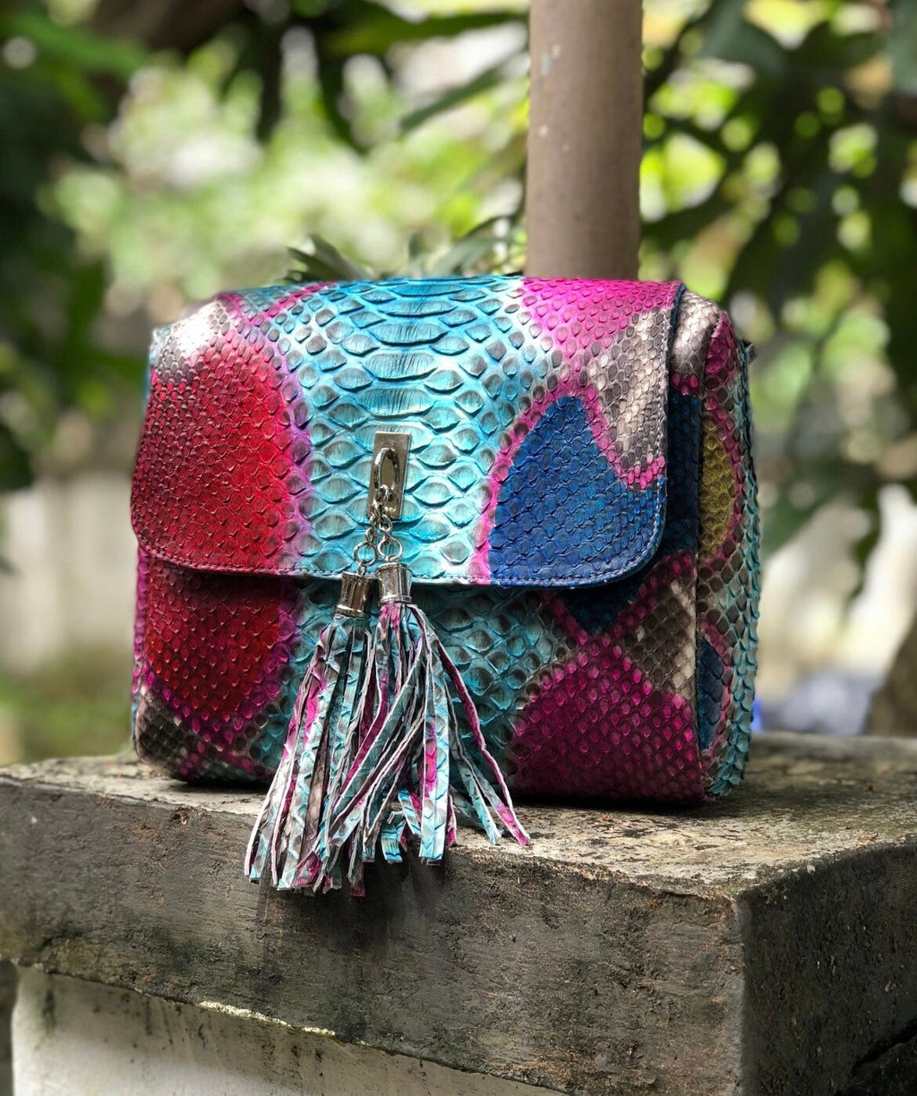 Genuine Python Skin Tassel Crossbody Bag — Turquoise Multicolor