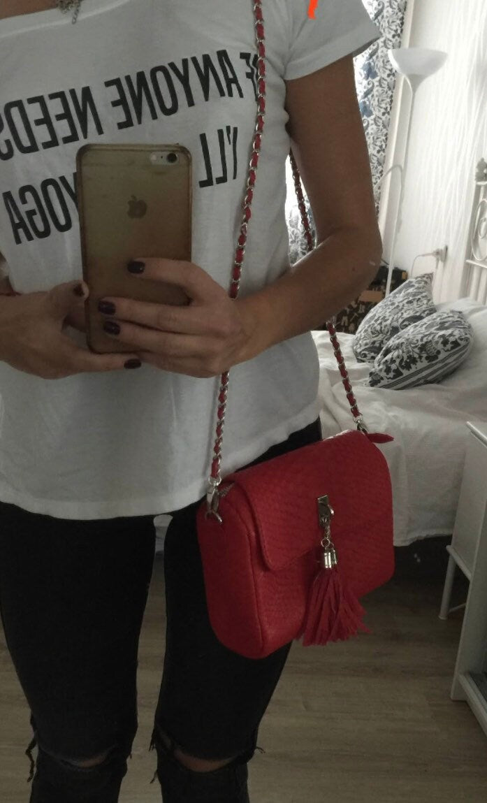 Genuine Python Skin Chain Tassel Crossbody Bag — Red